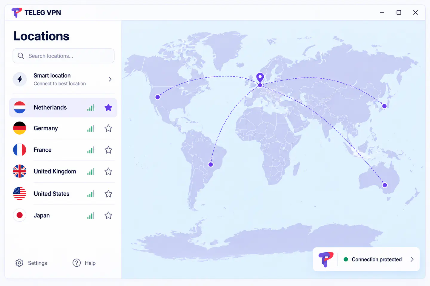 Карта мира и выбор серверов в Teleg VPN